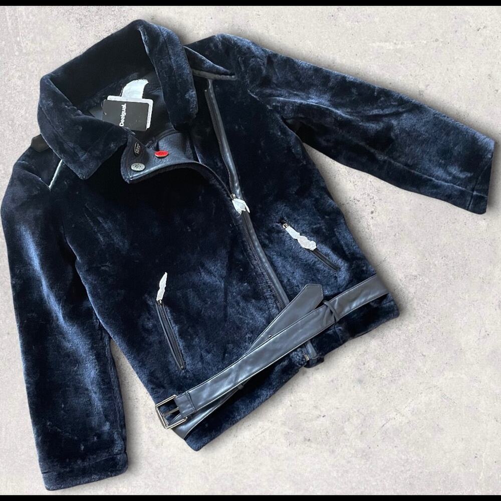 DESIGUAL NEW FUZZY WARM PUNK MOTO WINTER COAT INK BLUE SIZE EUR 46 / USA 12